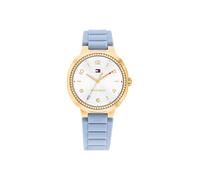 Quarzuhr TOMMY HILFIGER "SAVANNAH", blau (blau, weiß), Armbanduhren, Damen, goldfarben, Quarzuhr, Armbanduhr, Damenuhr, Silikonarmband, analog, Glassteine (36566924-0) blau, weiß