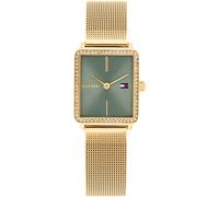 Quarzuhr TOMMY HILFIGER "TEA TANK", goldfarben, grün, Armbanduhren, Damen, Quarzuhr, Armbanduhr, Damenuhr, Edelstahlarmband, analog, Glassteine (70688665-0) goldfarben, grün