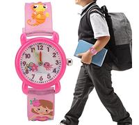 Qudinip Quarzuhr mit Niedlichem Cartoon-Design, Wasserdicht für Mädchen und, PVC-Armband, 1 Stück (Neues Meerjungfrauenrosa)