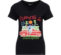 Queen Kerosin Damen Basic T-Shirt V Hals "Road To The Sun" QKU41019 Black-XL