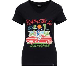 Queen Kerosin Damen Basic T-Shirt V Hals "Road To The Sun" QKU41019 Black-XL