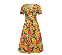 Queen Kerosin Damen Swingkleid Sommerkleid Hibiskus Hawaii Tropical Rockabella 50S Retro Vintage V-Ausschnitt Kurzarm Allover-Print Baumwolle Hibiskus