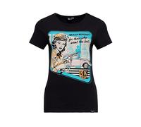 Queen Kerosin Damen T-Shirt · Print Shirt · Kurzarm · Rundhals · Slim Fit · Vintage · 50s · Retro · Rockabella · Oldtimer · Comic Art · Elastisch · Top · Schwarz · Qk Gas