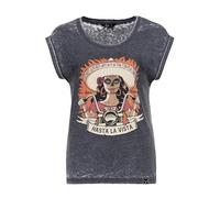 Queen Kerosin Damen T-Shirt · Top · Printshirt · Washed · Enzym Wash · Mit Roll-up-Sleeves · Kurzarm · Biker · Rocker · Mexican Style · Skull · Motorrad · Vintage · Used Look · Retro · Hasta La Vista