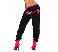 Queen of Catwalk QoC Damen Jogging Hose Schwarz Neon Rosa Schrift Print Sportswear