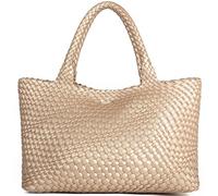 Queenoris Damen-Tasche,gewebt, modische Schultertasche mit Tragegriff oben, veganes Leder, Einkaufstasche, große Reisetasche, Goldfarben, Medium