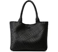 Queenoris Damen-Tasche,gewebt, modische Schultertasche mit Tragegriff oben, veganes Leder, Einkaufstasche, große Reisetasche, Schwarz, Medium