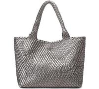 Queenoris Gewebte Tasche für Frauen, Mode Top Griff Umhängetasche Veganes Leder Shopper Tasche Große Reisetasche, silber