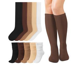 Queenshin 5 Paar Kniestrümpfe Damen Knit Slouch Socken Gestrickte Trachtensocken Stiefelsocken Lange Socken Scrunch Kniehohe Strickstiefel Strümpfe Einheitsgröße 35-42