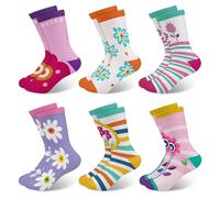 Queenshin Schulkind Sneaker Socken Mädchen Kinder Bunt Schöne Blumen Lustige Cartoon Motiv Neuheit Verrückte Gestreifte Crew-Socken 6 Paar Geschenke 9-14 Jahre Größe 32-38 Atmungsaktiv Weich