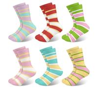 Queenshin Schulkind Socken Mädchen Kinder Bunte Streifen Rot Gelb Rosa Blau Grün Niedlich Lässig Crew-Socken 6 Paar Geschenke 9-14 Jahre Größe 32-38 Atmungsaktiv Weich