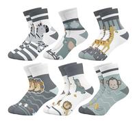 Queenshin Schulkind Socken Mädchen Kinder Graue Tiere Niedliche Cartoon Affen Giraffen Lustige Muster Knöchelsocken 6 Paar Geschenke 3-5 Jahre Größe 25-27 Atmungsaktiv Weich