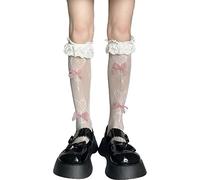 QUEENYARD Damen Fischnetz-Overknee-Socken, Herz-Lutscher, Schleife, Strümpfe, weiß, Einheitsgröße