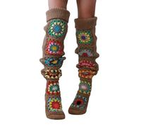 QUEENYARD Damen Häkelsocken Oberschenkel Hohe Stiefel Socken Vintage A Lange Beinwärmer Winter Overknee Hohe Strümpfe, coffee, One size