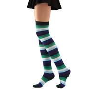 QUEENYARD Overknee-Socken für Damen, modisch, bunt, gestreift, Cosplay, Oberschenkelhohe Socken, lange Stiefel-Strümpfe, Geschenke, Grün, Blau, Weiß, Schwarz, Einheitsgröße
