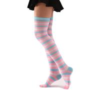 QUEENYARD Overknee-Socken für Damen, modisch, bunt, gestreift, Cosplay, Oberschenkelhohe Socken, lange Stiefel-Strümpfe, Geschenke, rosa/blau, Einheitsgröße