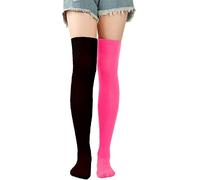 QUEENYARD Strümpfe, gestreift, für Damen, Oberschenkelhohe Strümpfe, Overknee-Socken, lange Socken für Mädchen, schwarz / pink, Einheitsgröße