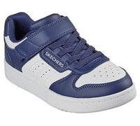 Sneaker SKECHERS "QUICK STREET", Kinder, Gr. 30, blau (navy, weiß), Lederimitat, kontrastfarbene Details, sportlich, Schuhe, Retro Sneaker mit Klettverschluss, Größenschablone zum Download (98341835-3