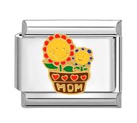 Quiges 9mm Italian Style Charm Modul Edelstahl Sonnenblume mit Herz für MOM für Italienische Armbänder