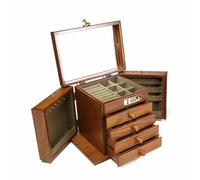 Quiltern Schmuckkasten Schmuckschrank 5 Schichten Schmuckschrank Schatulle aus Holz Große Schmuckkästchen mit Spiegel 5 Schichten+2 ausklappbare Schränke Braun