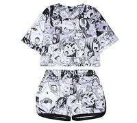 Quker Bean Damen Ahego Face Print 2-teiliges Outfit Crop Top und Shorts Pyjama Set XS-2XL, Grau, XS