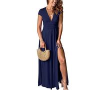 QUNERY Maxikleider Damen Sommer Kurzarm Strandkleider V-Ausschnitt Kleider Hohem Schlitz Lange Abendkleider Elegant für Hochzeit Cocktailkleid Blau Schwarz XL