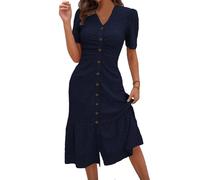 QUNERY Sommerkleid Damen Knopfleiste Etuikleid Rüschensaum Strandkleid Lang Damen Elegant Luftiges Dress Marineblau XL