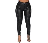 QUNINE Damen-Hose im Kunstleder-Look, hoch taillierte, beschichtete Stretch-Röhrenjeans, sexy Lederhose, Bleistifthose mit Mehreren Taschen (Schwarz, XXL)