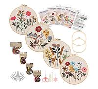 Qutsvosh Blumen-Stickset für AnfäNger mit Muster und Anleitung, 4Er-Pack Nadelspitzen-Kits, 2 Stickrahmen Aus
