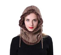 QUUPY Sturmhaube Ski Gesichtsabdeckung Winter Beanie Mützen für Frauen mit Thermo Fleece Kapuze Strick Nackenwärmer Winddicht Snood Gesichtsabdeckung Hut, khaki, 55 cm/65 cm