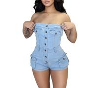 Quzzion Damen Sommer Denim Jumpsuit Sexy Ärmellos Jeans Kurz Strampler mit Taschen, Blau, Small