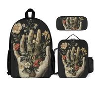 QWJKM Hands with Flowers Rucksack-Set, Reise-Laptop-Rucksack mit isolierter Lunchtasche, Federmäppchen, lässiger Tagesrucksack, Weiß, 30,5 x 14 x 41,9 cm, weiß, 12x5.5x16.5 inches