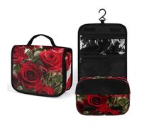 QWJKM Kulturbeutel mit frischen roten Rosen, tragbare Reise-Kosmetiktasche, hängende Make-up-Tasche für Damen, groß, wasserdicht, Make-up-Organizer, weiß, 22,5 x 18,5 cm, weiß, 22.5x18.5cm