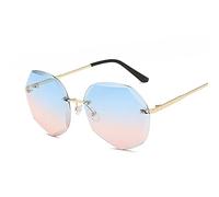 QWKLNRA Herren Sonnenbrille Runde Blau Rosa Farbverlauf Frau Sonnenbrille Frauen Big Frame Polygon Gegen Uv-Mann Metall Farbe Randlos Radfahren Reisen Angeln Outdoor-Sonnenbrille