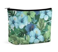 QWNMD Make-up-Tasche, Kosmetiktasche, Lippenstift-Beutel, Reißverschluss, grün und blau, Hibiskusblumen, bedruckt, Organizer, tragbare Kulturbeutel, Zubehör, grüne und blaue Hibiskusblumen, 17,2 x