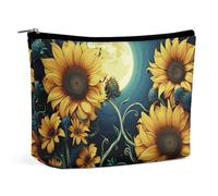 QWNMD Make-up-Tasche, Kosmetiktasche, Lippenstift-Beutel, Reißverschluss, Mondlicht, Sonnenblumenmuster, bedruckter Organizer, tragbarer Kulturbeutel, Zubehör, Mondlicht-Sonnenblumen-Muster, 17 x 15 x