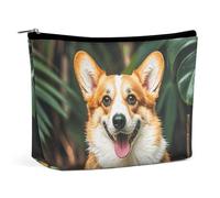 QWNMD Make-up-Tasche, Kosmetiktasche, Lippenstift-Beutel, Reißverschluss, Motiv: tropische Blumen und Corgi, bedruckt, Organizer, tragbare Kulturbeutel, Zubehör, tropische Blumen und Corgi, 17 x 15 x