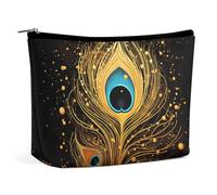 QWNMD Make-up-Tasche, Kosmetiktasche, Lippenstift-Beutel, Reißverschluss, Pfauenfeder, goldfarbenes Design, bedruckter Organizer, tragbarer Kulturbeutel, Zubehör, Pfauenfeder-Design, 17,2 x 15,9 x 5,8