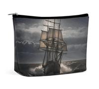 QWNMD Make-up-Tasche, Kosmetiktasche, Lippenstift-Beutel, Reißverschluss, Segelschiff im Sturm, bedruckter Organizer, tragbarer Kulturbeutel, Zubehör, Segelschiff im Sturm, 17 x 15 x 5,8 cm, modisch,