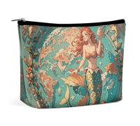 QWNMD Make-up-Tasche, Kosmetiktasche, Lippenstift-Beutel, Reißverschluss, Vintage-Stil, Karte mit Meerjungfrauen, bedruckter Organizer, tragbarer Kulturbeutel, Zubehör, Vintage-Außenbankkarte mit