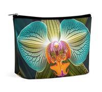 QWNMD Make-up-Tasche, Kosmetiktasche, Lippenstift-Tasche, Reißverschluss, Blaugrün und Orange, Orchidee, bedruckt, Organizer, tragbare Kulturbeutel, Zubehör, Blaugrün und Orange Orchidee, 17 x 15 x