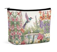 QWNMD Make-up-Tasche, Kosmetiktasche, Lippenstift-Tasche, Reißverschluss, Garten, mit Vögeln und Blumen, bedruckt, Organizer, tragbare Kulturbeutel, Zubehör, Garten mit Vögeln und Blumen, 17,2 x 15,9
