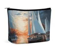 QWNMD Make-up-Tasche, Kosmetiktasche, Lippenstift-Tasche, Reißverschluss, Segellandschaft, bedruckt, Organizer, tragbar, Kulturbeutel, Zubehör, Segellandschaft, 17,2 x 15,9 x 5,8 cm, modisch,