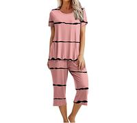 QWUVEDS Hose Damen Sommer Hosenrock 3/4 Hose Damen Sommer Pyjamas für Damen, kurzärmelig, Capri-Pyjama, Damen, weich, bequem, Sommer-Nachtwäsche-Set mit Taschen, Hosenanzug Winter Tarnanzug (Pink, L)