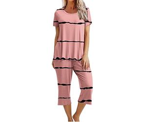 QWUVEDS Hose Damen Sommer Hosenrock 3/4 Hose Damen Sommer Pyjamas für Damen, kurzärmelig, Capri-Pyjama, Damen, weich, bequem, Sommer-Nachtwäsche-Set mit Taschen, Hosenanzug Winter Tarnanzug (Pink, L)