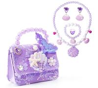 Qzakce Handtasche Schmuckset für Mädchen Meerjungfrau Thema CrossBody Bag Halskette Armband Ring Ohrring Kinderschmuck Set Prinzessin Ankleiden Geburtstag Geschenk für kleine Mädchen, 3-7 Jahre alt