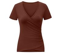Qzzater Damen Top Tiefer V-Ausschnitt Slim Fitted T-Shirt Front Surplice Wrap Kurzarm T-Shirt, Kaffee, Klein