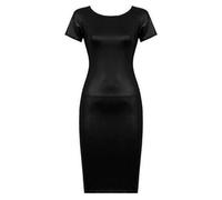 R&N FASHIONS Damen Wetlook Kurzarm PU Figurbetontes Midi-Kleid aus Kunstleder, Schwarz , 38