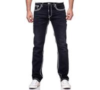 R-Neal Dicke Naht Herren Jeans Hose 'Levin' Länge 32 + 34 Jeanshose Kontrastnaht Neon Grün Schwarz Blau Stretchdenim Streetwear Regular FIT, Hosengröße:38W / 32L, Denim Color:7444-7