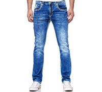 R-Neal Dicke Naht Herren Jeans Hose 'Levin' Länge 32 + 34 Jeanshose Kontrastnaht Neon Grün Schwarz Blau Stretchdenim Streetwear Regular FIT, Hosengröße:32W / 32L, Denim Color:7444-2